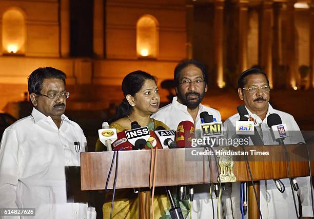 Rajya Sabha member Kanimozhi along with party MPs addressing media persons after the meeting with President of India over Cauvery water issue at...