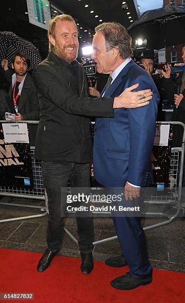 Rhys Ifans and Oliver Stone attend the 'Snowden' Headline Gala screening during the 60th BFI London Film Festival at Odeon Leicester Square on...