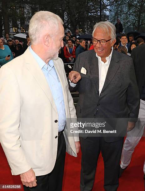 Jeremy Corbyn and Sir David Tang attend the 'Snowden' Headline Gala screening during the 60th BFI London Film Festival at Odeon Leicester Square on...