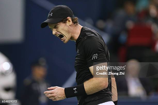 Andy Murray of Great Britain reacts against Gilles Simon of France during the Men's singles semifinal match on day 7 of Shanghai Rolex Masters at Qi...