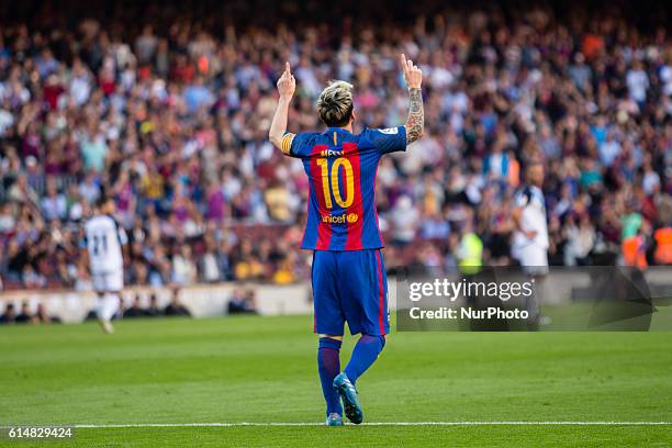 The FC Barcelona player Lionel Messi from Argentina celebrating his first goal of the match during the La Liga match between FC Barcelona and...