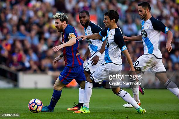 The FC Barcelona player Lionel Messi from Argentina during the La Liga match between FC Barcelona and Deportivo at the Camp Nou stadium on October...