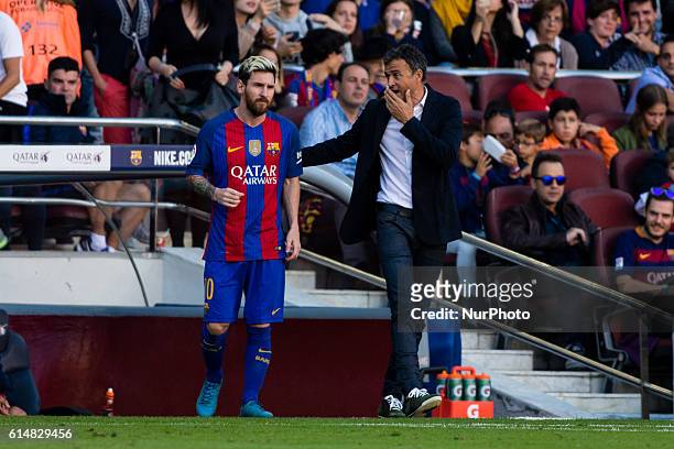 The FC Barcelona player Lionel Messi from Argentina and the FC Barcelona coach Luis Enrique from Spain during the La Liga match between FC Barcelona...