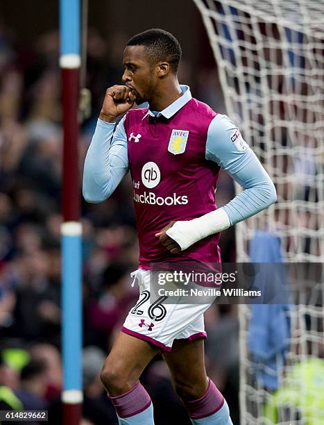 Jonathan Kodjia of Aston Villa celebrates scoring for Aston Villa during the Sky Bet Championship match between Aston Villa and Wolverhampton...