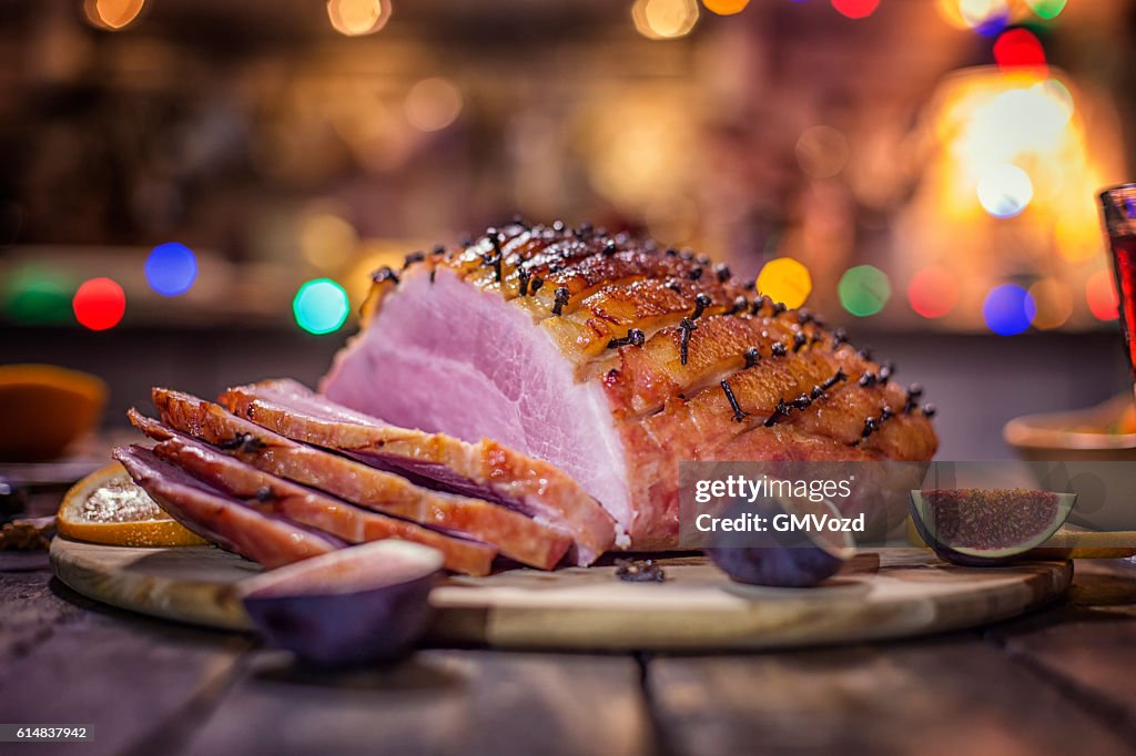 Glazed Holiday Ham with Cloves Served for Dinner