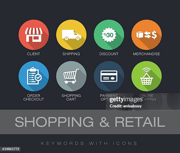 shopping and retail keywords with icons - infographics business store stock illustrations