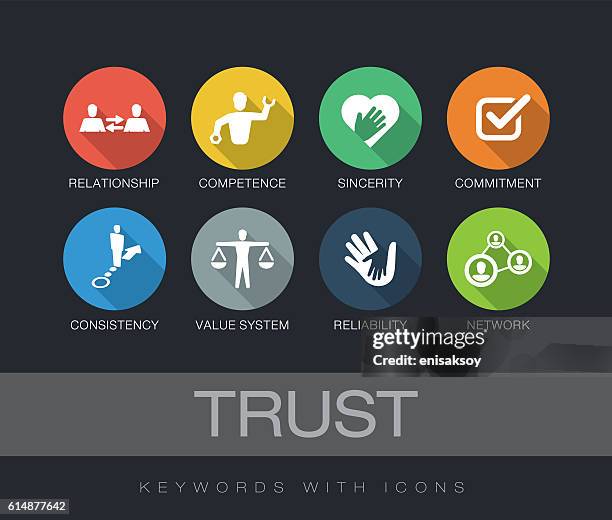 ilustraciones, imágenes clip art, dibujos animados e iconos de stock de palabras clave de confianza con iconos - flat icon confianza