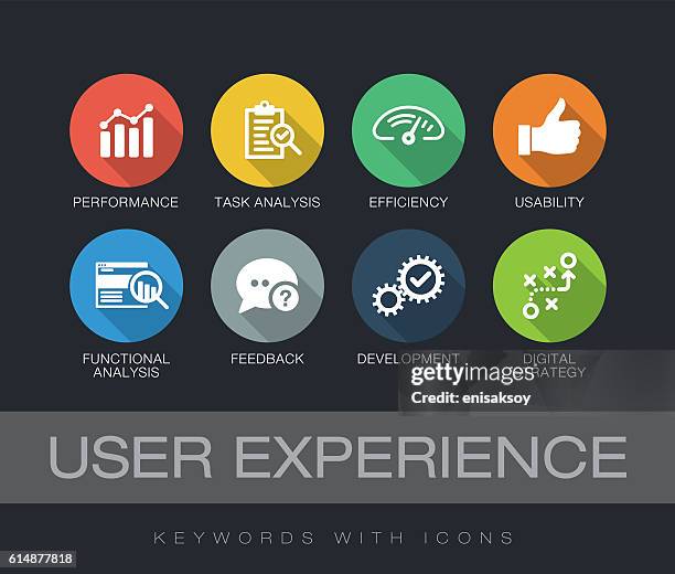 ilustraciones, imágenes clip art, dibujos animados e iconos de stock de palabras clave de experiencia del usuario con iconos - knowledge icon vector