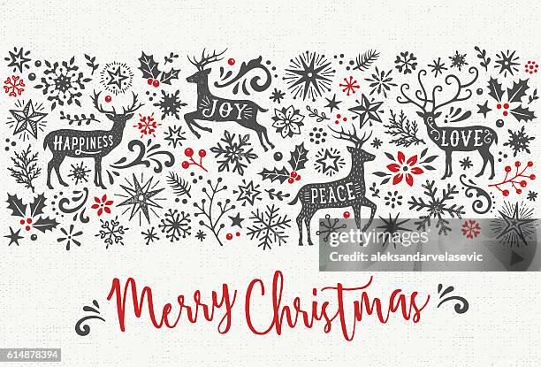 hand gezeichnet e-weihnachtskarte mit reders - hirsch stock-grafiken, -clipart, -cartoons und -symbole