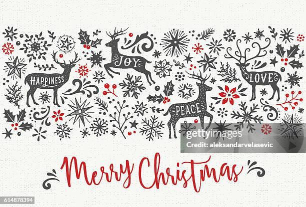 illustrations, cliparts, dessins animés et icônes de carte de noël dessinée à la main avec des rennes - renne
