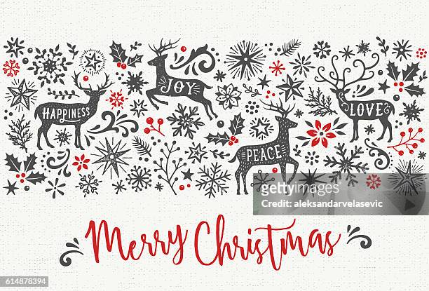 hand drawn christmas card with reindeers - black and white christmas stock illustrations