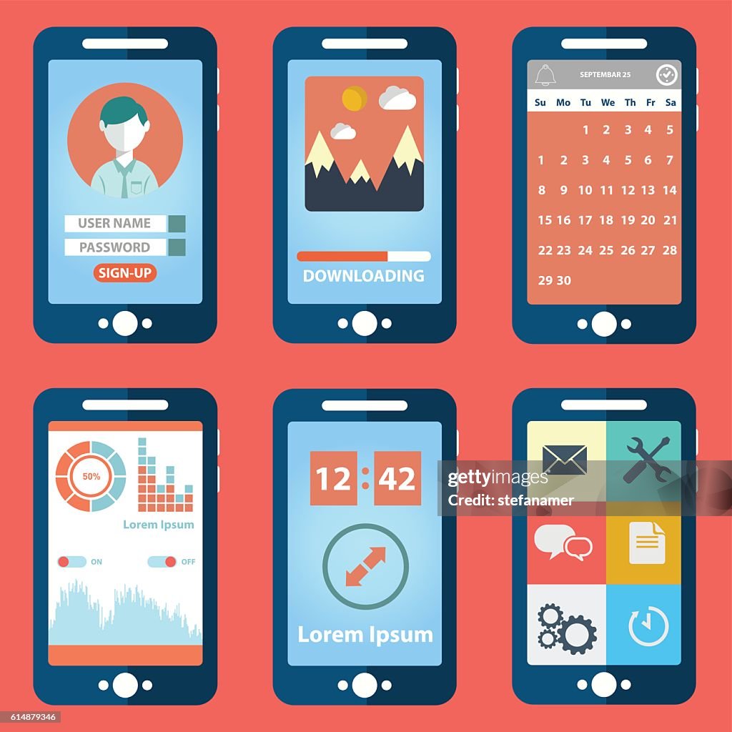 Mobile Phones With Different User Interface Elements High-Res Vector ...