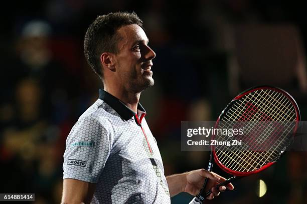 Roberto Bautista Agut of Spain reacts after winning over Novak Djokovic of Serbia during the Men's singles semifinal match on day 7 of Shanghai Rolex...