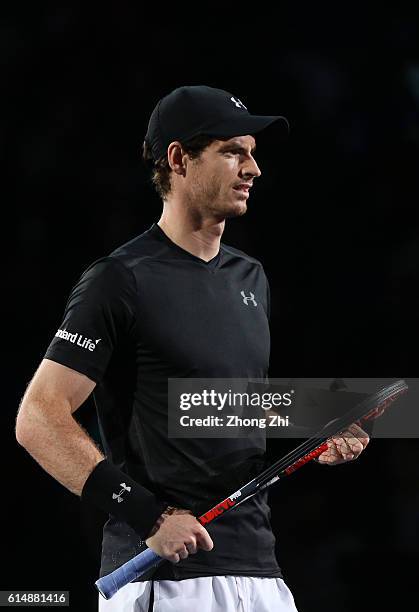 Andy Murray of Great Britain looks on against Gilles Simon of France during the Men's singles semifinal match on day 7 of Shanghai Rolex Masters at...