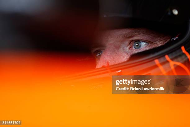 Regan Smith, driver of the Fire Alarm Services Inc. Chevrolet, sits in his car during practice for the NASCAR Sprint Cup Series Hollywood Casino 400...