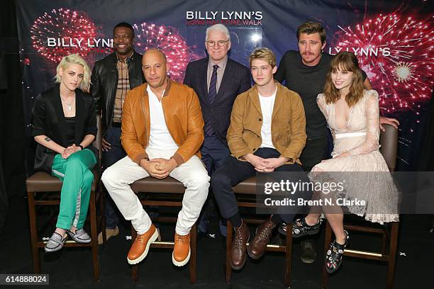 Back row Actors Chris Tucker, Steve Martin, Garrett Hedlun, front row Kristen Stewart, Vin Diesel, Joe Alwyn and Makenzie Leigh attend the "Billy...