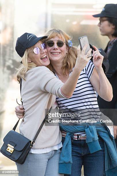 Ludivine Sagnier and Julie Depardieu attend the shooting of French short black-and-white silent documentary film 'La Sortie de l'Usine' directed by...