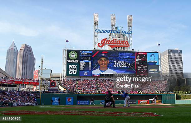 Josh Tomlin of the Cleveland Indians throws a pitch in the first inning against Ezequiel Carrera of the Toronto Blue Jays during game two of the...