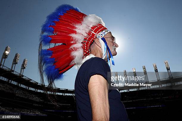 Cleveland Indians fan looks on prior to game two of the American League Championship Series between the Toronto Blue Jays and the Cleveland Indians...