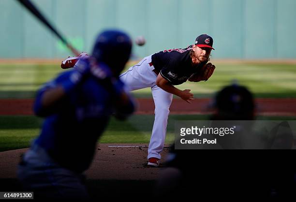 Josh Tomlin of the Cleveland Indians throws a pitch in the first inning against the Toronto Blue Jays during game two of the American League...