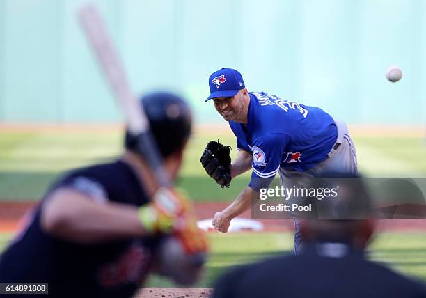 Happ of the Toronto Blue Jays throws a pitch in the first inning against the Cleveland Indians during game two of the American League Championship...