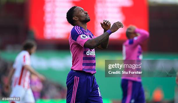 Sunderland forward Jermain Defoe reacts after a near miss during the Premier League match between Stoke City and Sunderland at Bet365 Stadium on...