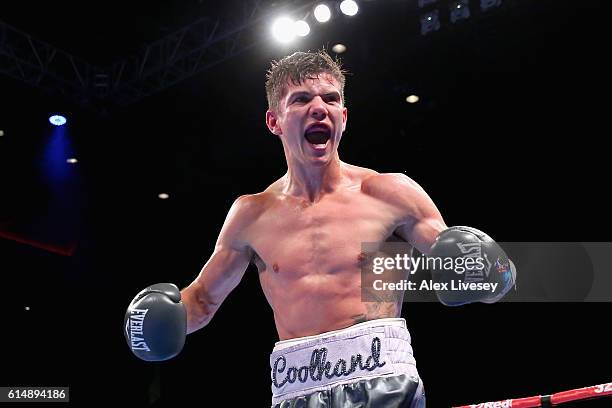 Luke Campbell of England celebrates winning in the WBC Silver Lightweight Championship match during Boxing at Echo Arena on October 15, 2016 in...