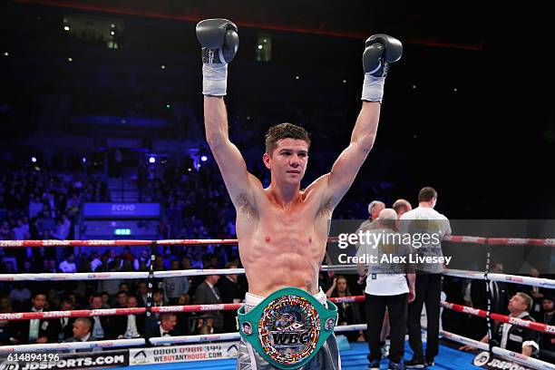 Luke Campbell of England celebrates winning in the WBC Silver Lightweight Championship match during Boxing at Echo Arena on October 15, 2016 in...