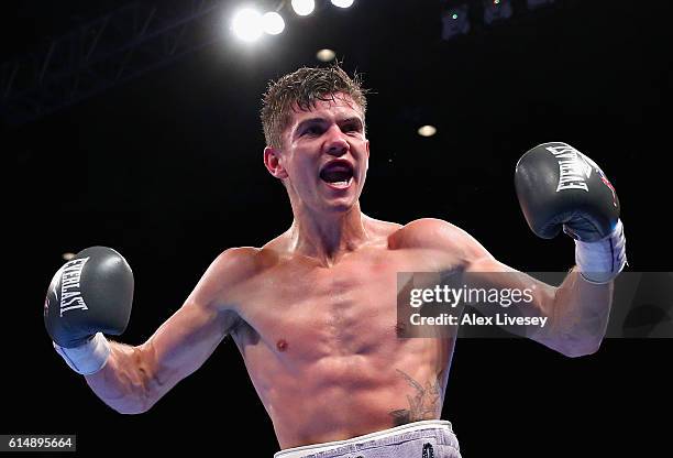 Luke Campbell of England celebrates winning in the WBC Silver Lightweight Championship match during Boxing at Echo Arena on October 15, 2016 in...