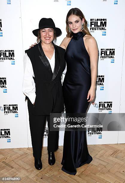 Jury president Athina Rachel Tsangari and award presenter Lily James who presented the Official Competition Best Film Award to Kelly Reichardt for...