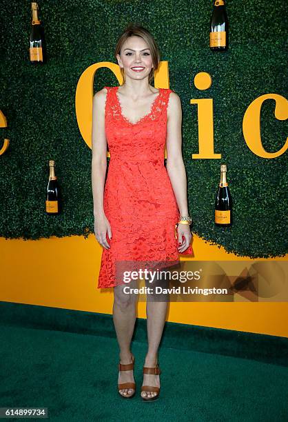 Actress Aimee Teegarden arrives at the 7th Annual Veuve Clicquot Polo Classic at Will Rogers State Historic Park on October 15, 2016 in Pacific...