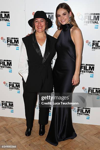 Athina Rachel Tsangari and Lily James poses in the winner's room at BFI London Film Festival Awards during the 60th BFI London Film Festival at...