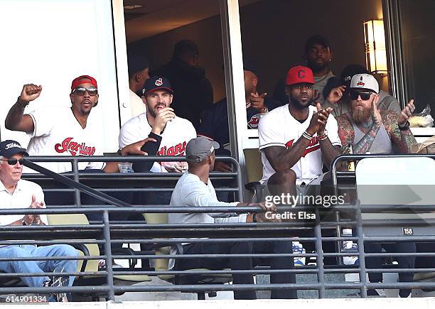 National Basketball Association Cleveland Cavaliers players Channing Frye, Kevin Love, LeBron James and Chris Andersen attend game two of the...