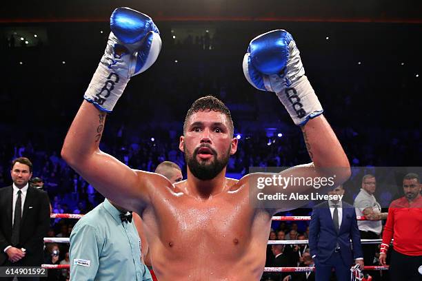 Tony Bellew of England celebrates after winning in the WBC Cruiserweight Championship match during Boxing at Echo Arena on October 15, 2016 in...