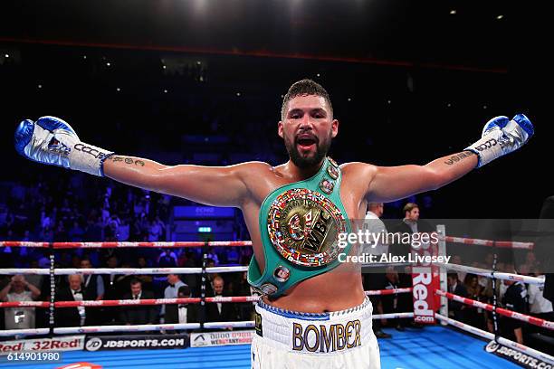 Tony Bellew of England celebrates after winning in the WBC Cruiserweight Championship match during Boxing at Echo Arena on October 15, 2016 in...