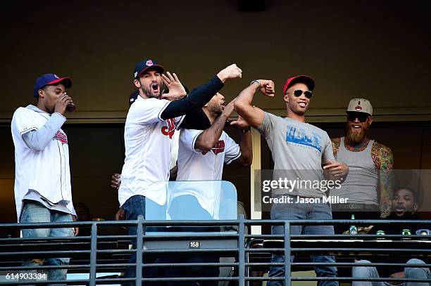 National Basketball Association Cleveland Cavaliers Richard Jefferson, Kevin Love and Chris Andersen joke around during game two of the American...