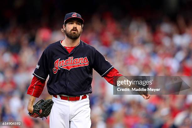 Andrew Miller of the Cleveland Indians reacts after pitching in the seventh inning against the Toronto Blue Jays during game two of the American...