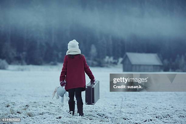 young girl is walking home through the frosty field. - k pop stockfoto's en -beelden