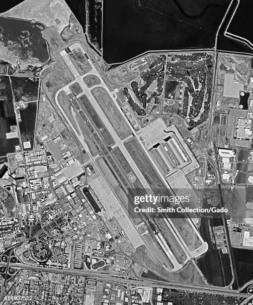 Declassified reconnaissance satellite view, taken by the Central Intelligence Agency's Keyhole spy satellite of the NASA Ames Research Center and...