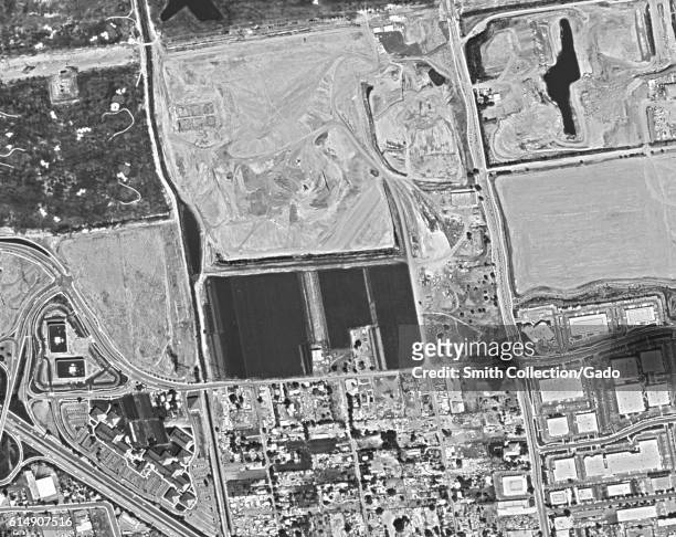 Declassified reconnaissance satellite view, taken by the Central Intelligence Agency's Keyhole spy satellite, of the site on which the Googleplex and...