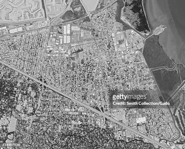 Declassified reconnaissance satellite view, taken by the Central Intelligence Agency's Keyhole spy satellite of East Palo Alto in the Silicon Valley...