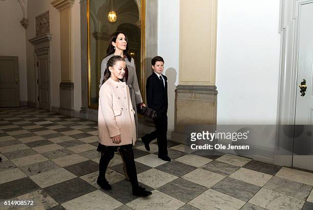 Crown Princess Mary of Denmark arrives with her children Princess Isabella of Denmark and Prince Christian of Denmark arrive for a reception hosted...