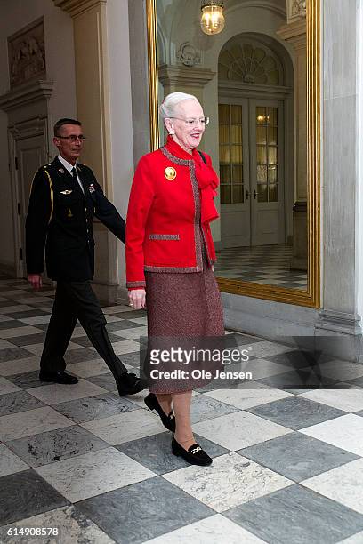 Queen Margrethe of Denmark arrives to host a reception for the Danish Olympic and Para-Olympic Teams at Christiansborg on October 14, 2016 in...