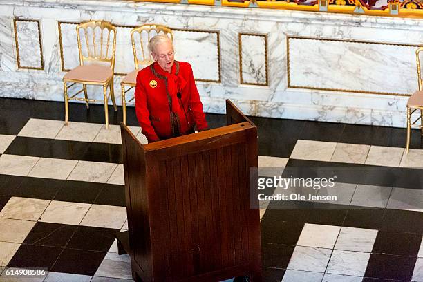 Queen Margrethe of Denmark speaks to the Danish Olympic and Para-Olympic Team during her reception at Christiansborg on October 14, 2016 in...
