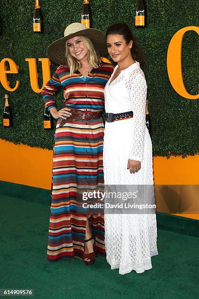 Actresses Becca Tobin and Lea Michele arrive at the 7th Annual Veuve Clicquot Polo Classic at Will Rogers State Historic Park on October 15, 2016 in...