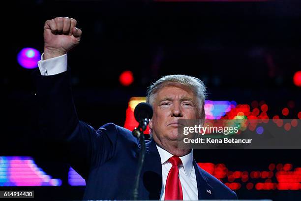 Republican presidential candidate Donald Trump attends the Republican Hindu Coalition's Humanity United Against Terror Charity event on October 15,...