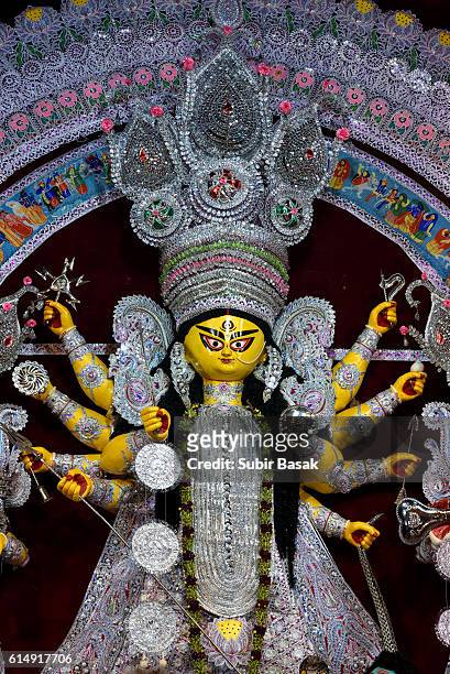 close-up of a statue of goddess durga, kolkata, west bengal, india - idol stock-fotos und bilder