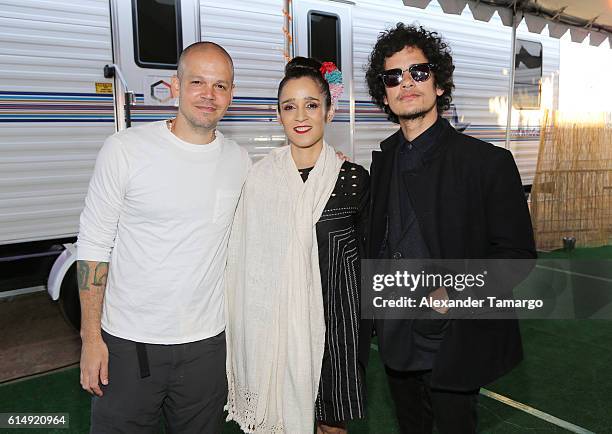 Residente, Julieta Venegas and Omar Rodriguez pose backstage during Univision and Fusion RiseUp As One Concert at CBX on October 15, 2016 in San...