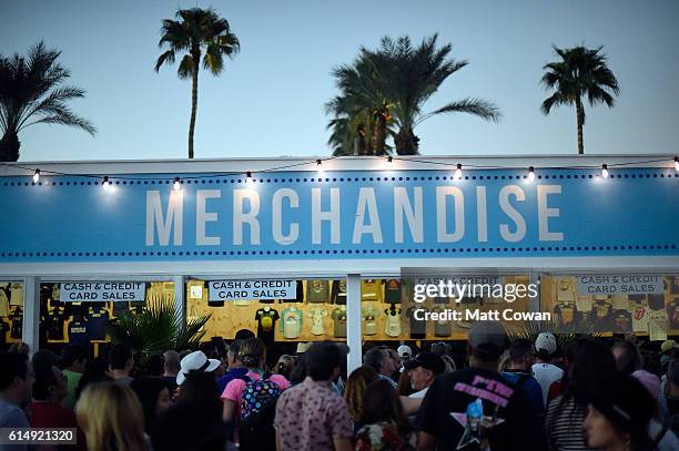 The merch booth is seen during Desert Trip at the Empire Polo Field on October 15, 2016 in Indio, California.