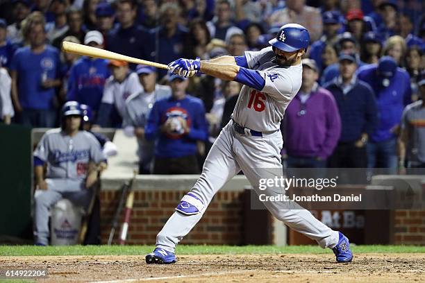 Andre Ethier of the Los Angeles Dodgers hits a solo home run in the fifth inning against the Chicago Cubs during game one of the National League...